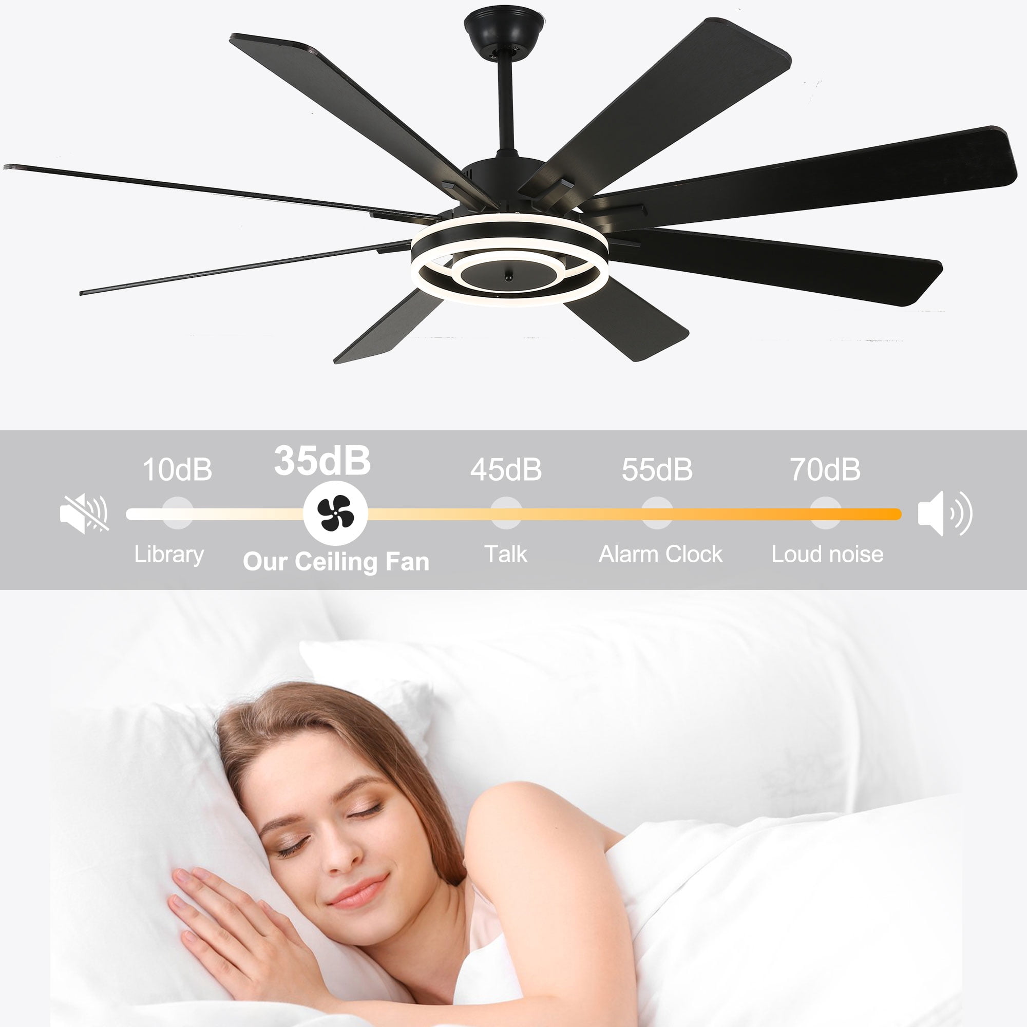 Chords Attic 72" Reversible 8-Blade Ceiling Fan with LED Lights, Remote 3-Color, 6-Speed and Timer