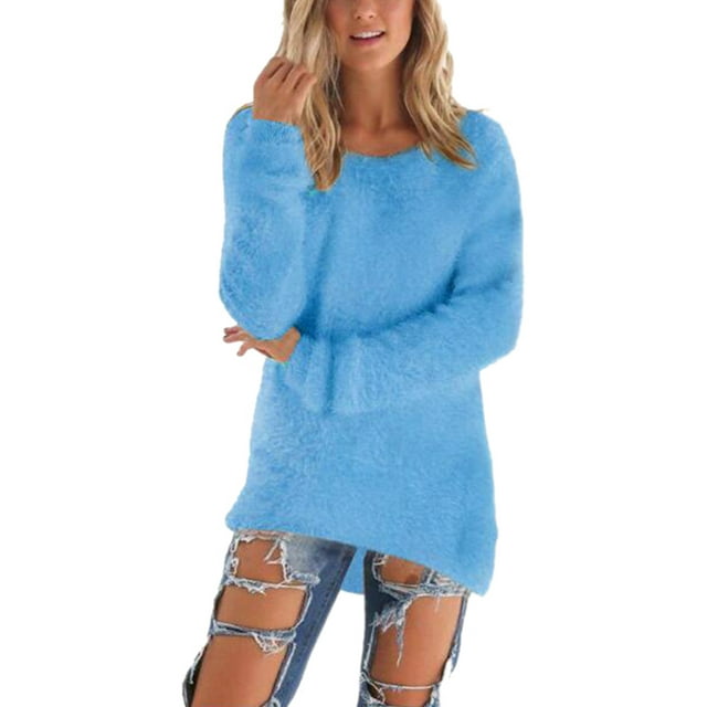 Plus Size Women Mid-Length Loose Solid Color Pullover Sweaters High Low Fluffy Tunics Crew Neck Womens Knit Tops for Junior Ladies Women