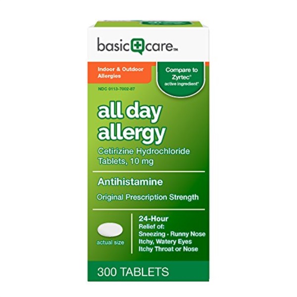 basic care all day allergy cetirizine hcl tablets, 10 mg, 300 count