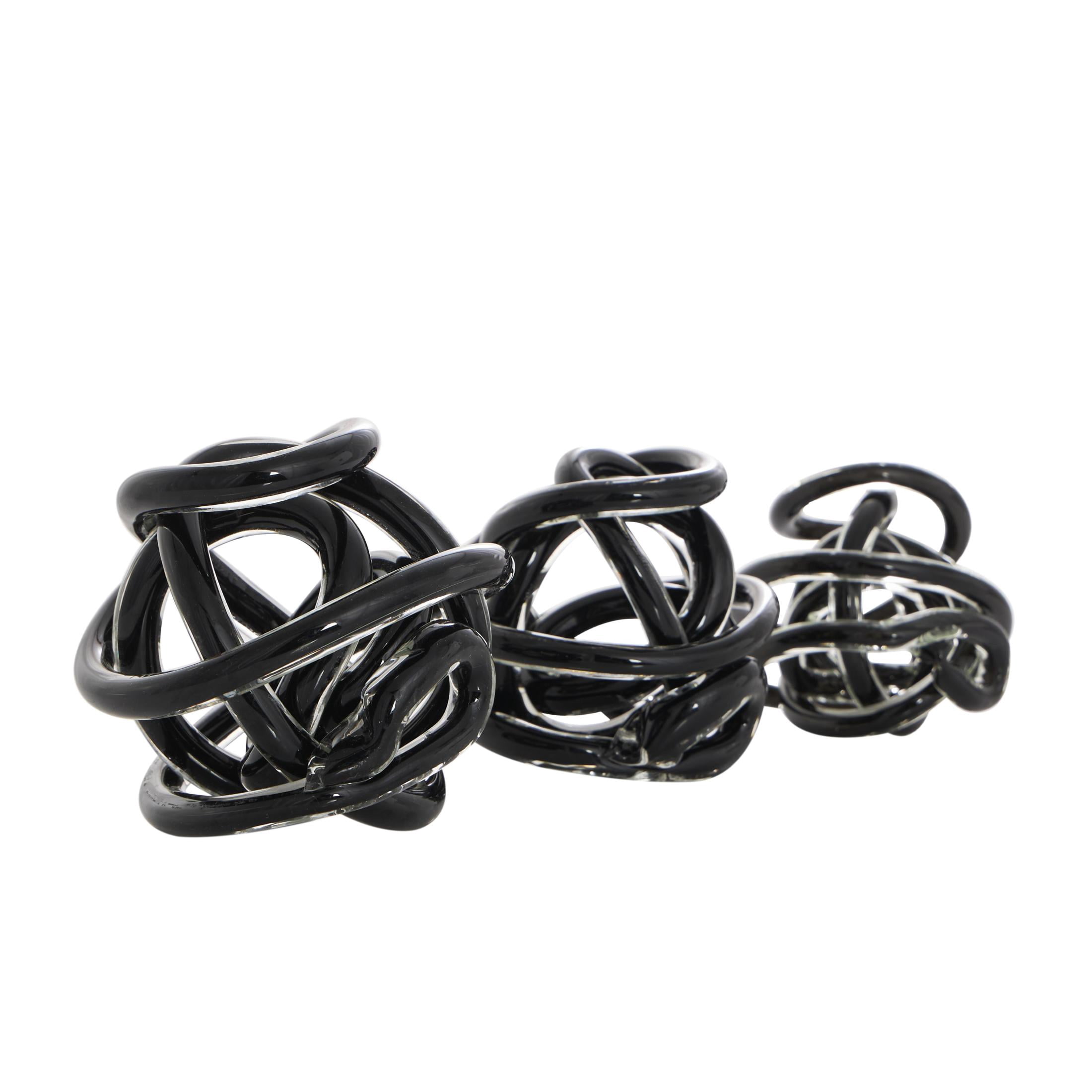 5", 4", 4"W Black Glass Handmade Knotted Ball Knot Sculpture, by DecMode (3 Count)