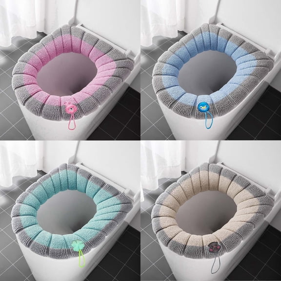 SHENGXINY 2PCS Toilet Seat Cover Pads Stretchable Washable, Thick Knitted Toilet Seat with Handle Reinforced Winter Ring Set Brown 14x18.5in