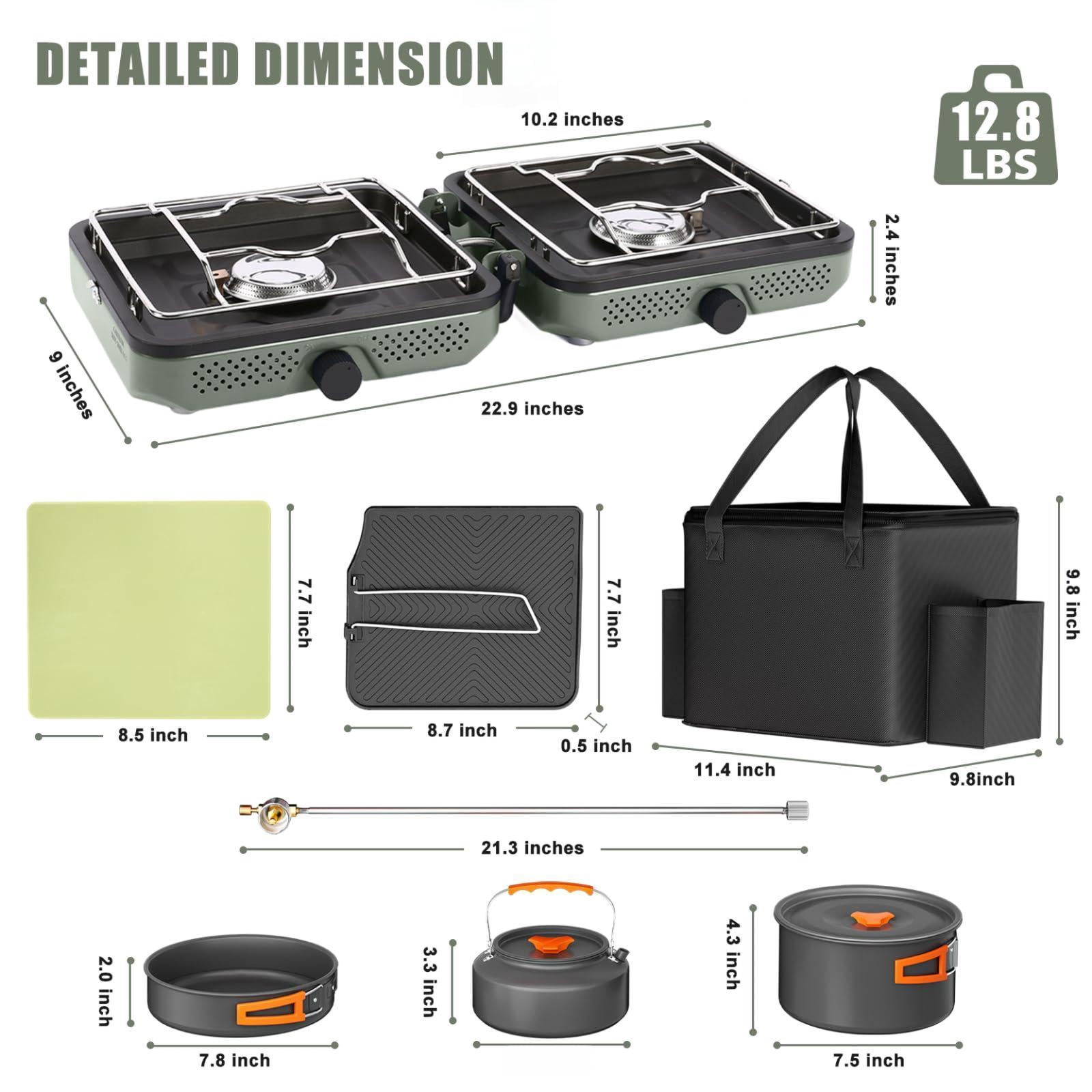 2 Burner Propane Camping Stove  30000 Btu Foldable Portable Gas With Cookware Set & Carry Bag Outdoor Cooking For Rv Emergency Use Green