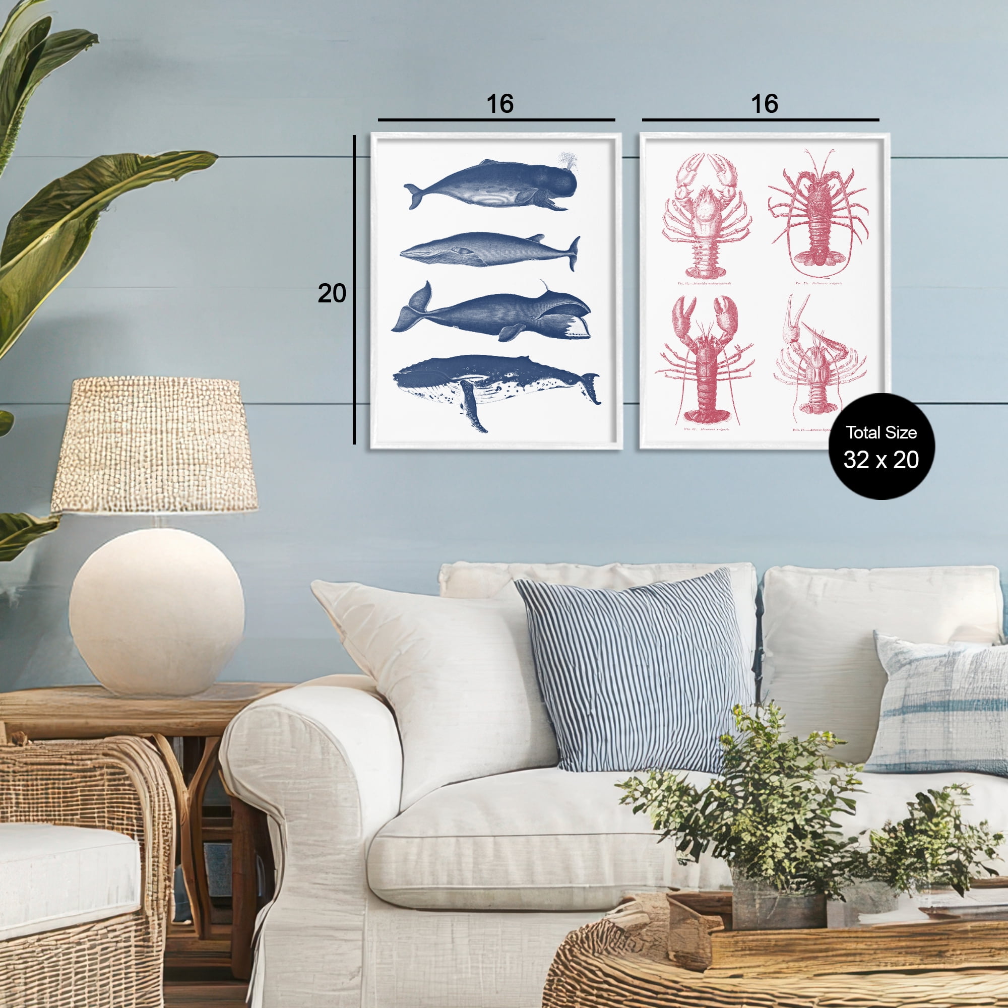 Marine Whales & Lobsters 2 Piece White Framed Giclee Art Set, design by Lettered and Lined