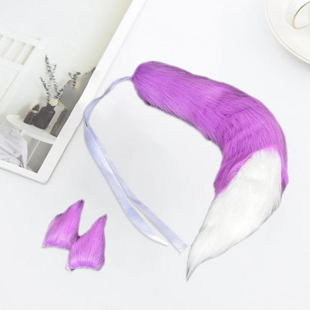 Peluche largo de piel sintética con cola de zorro y , disfraz de pinza de pelo de Anime para Cosplay, accesorios de Navidad para Halloween para Púrpura Macarena Cola y orejas de cosplay