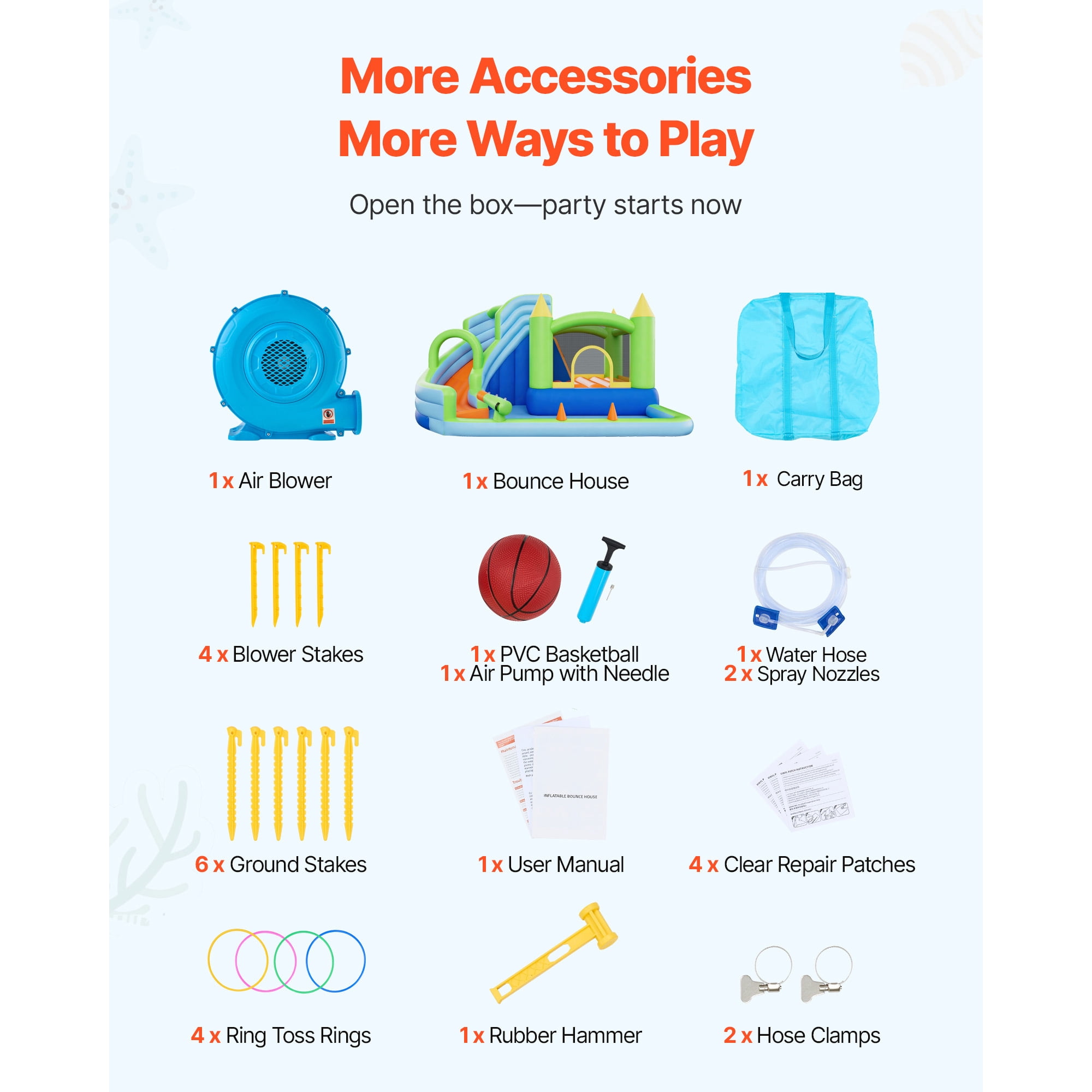 KFFKFF Inflatable Bounce House with Water Slide, 11.3 x 12.3 x 7.0 ft Bouncer Castle Featuring Jump Area, Basketball Hoop, Splash Pool, and Water Ring Toss, Suitable for 3-4 Kids Aged 3-8