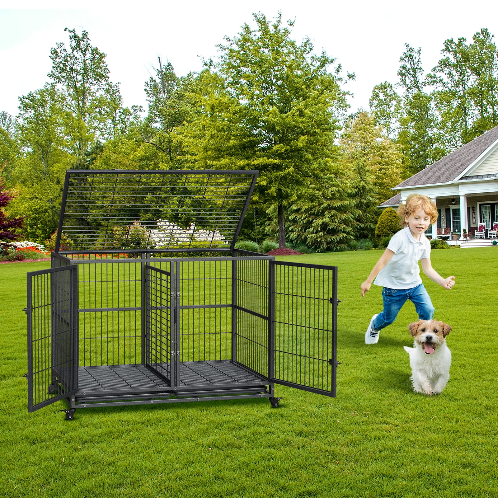 Steel Dog Crate 48" - Heavy Duty Kennel with Removable Tray & Locking Wheels