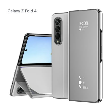 ELEHOLD for Samsung Galaxy Z Fold 4 2022 Folding Case, Luxury Plating Mirror Magnetic Hidden Kickstand Function Hinge Protection Shockproof Hybrid Cover Case for Z Fold4 5G 7.6 inch, Silver