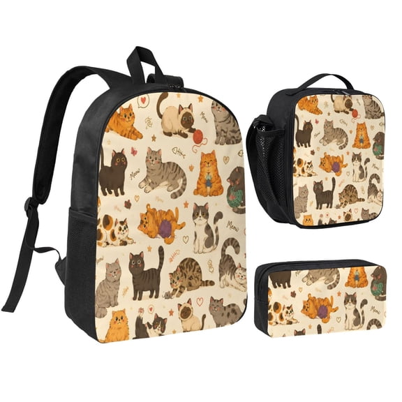 Cute Kawaii Cat Backpack Set 3pc Including Backpack, Lunch Bag and Pen Bag Combination
