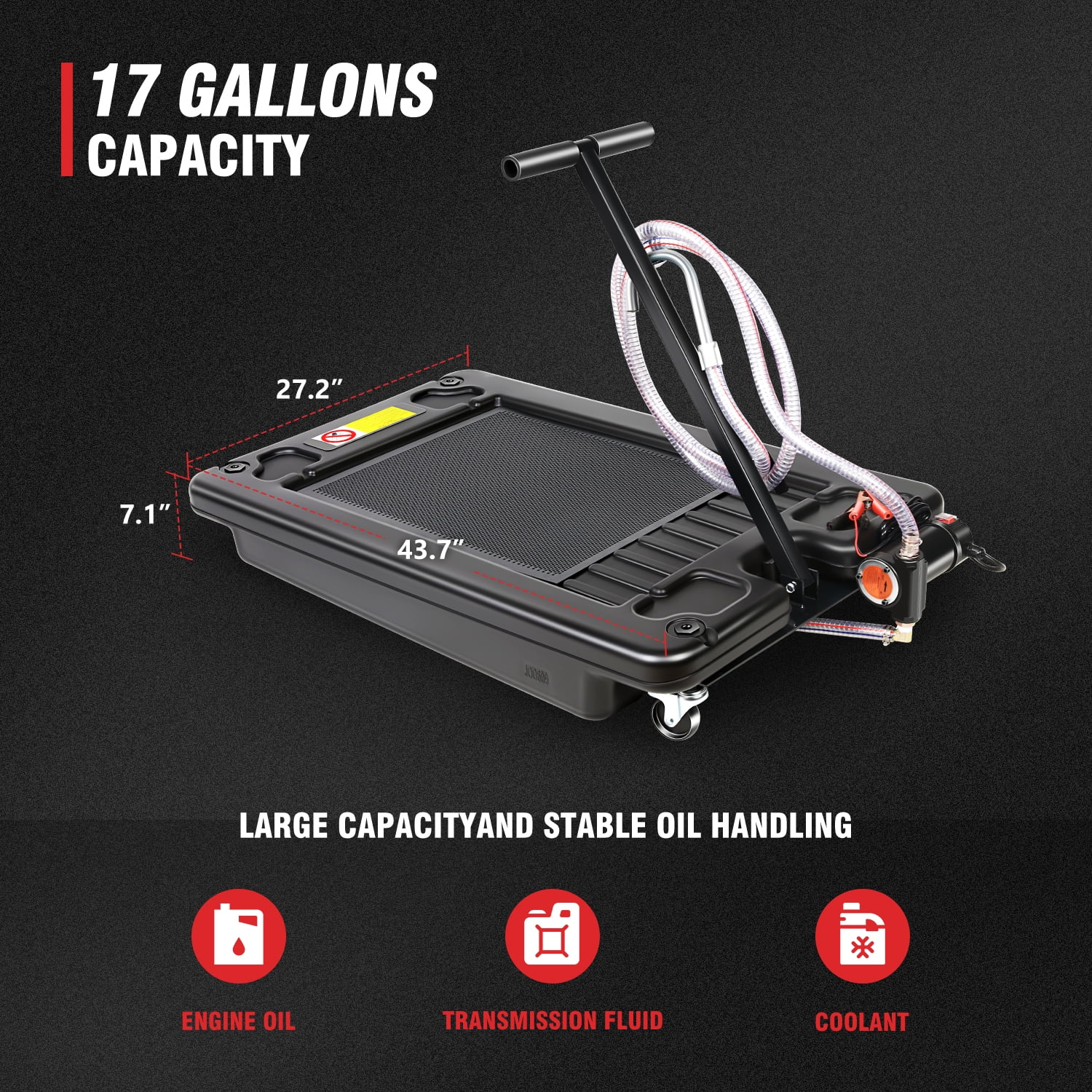 17 Gallon Electric Oil Drain Pan with Pump, Evacuation Hose, T-Handle, Low Profile for Trucks Buses RVs