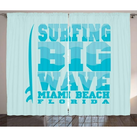 Florida Curtains 2 Panels Set, Surfing Big Wave Miami Beach Calligraphy Text with an Upright Surfboard, Window Drapes for Living Room Bedroom, 108W X 63L Inches, Baby Blue Sky Blue, by (Best Surfboard For Florida)