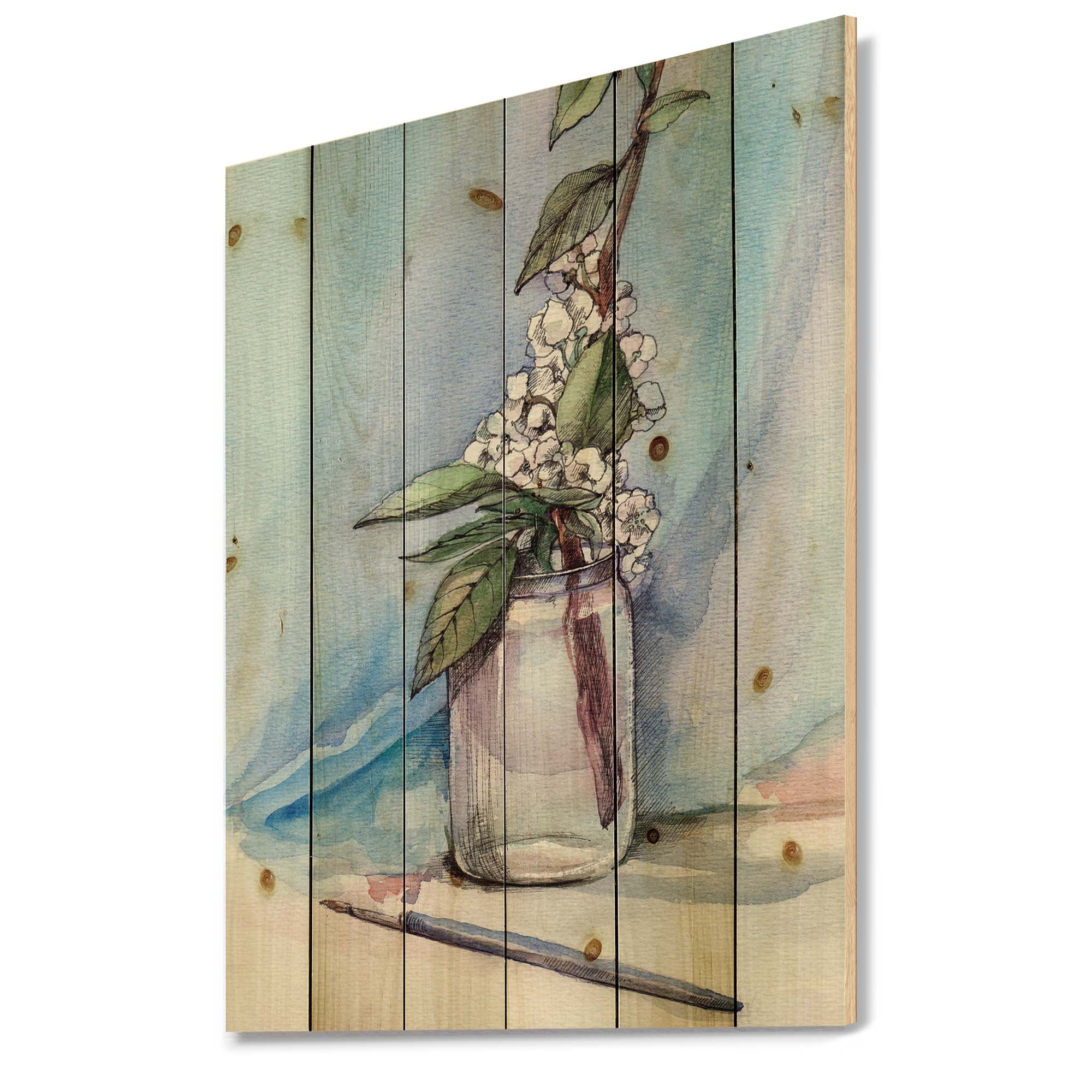 Designart 'Cherry Blossom Flowers In Glass Jar' Farmhouse Print on Natural Pine Wood