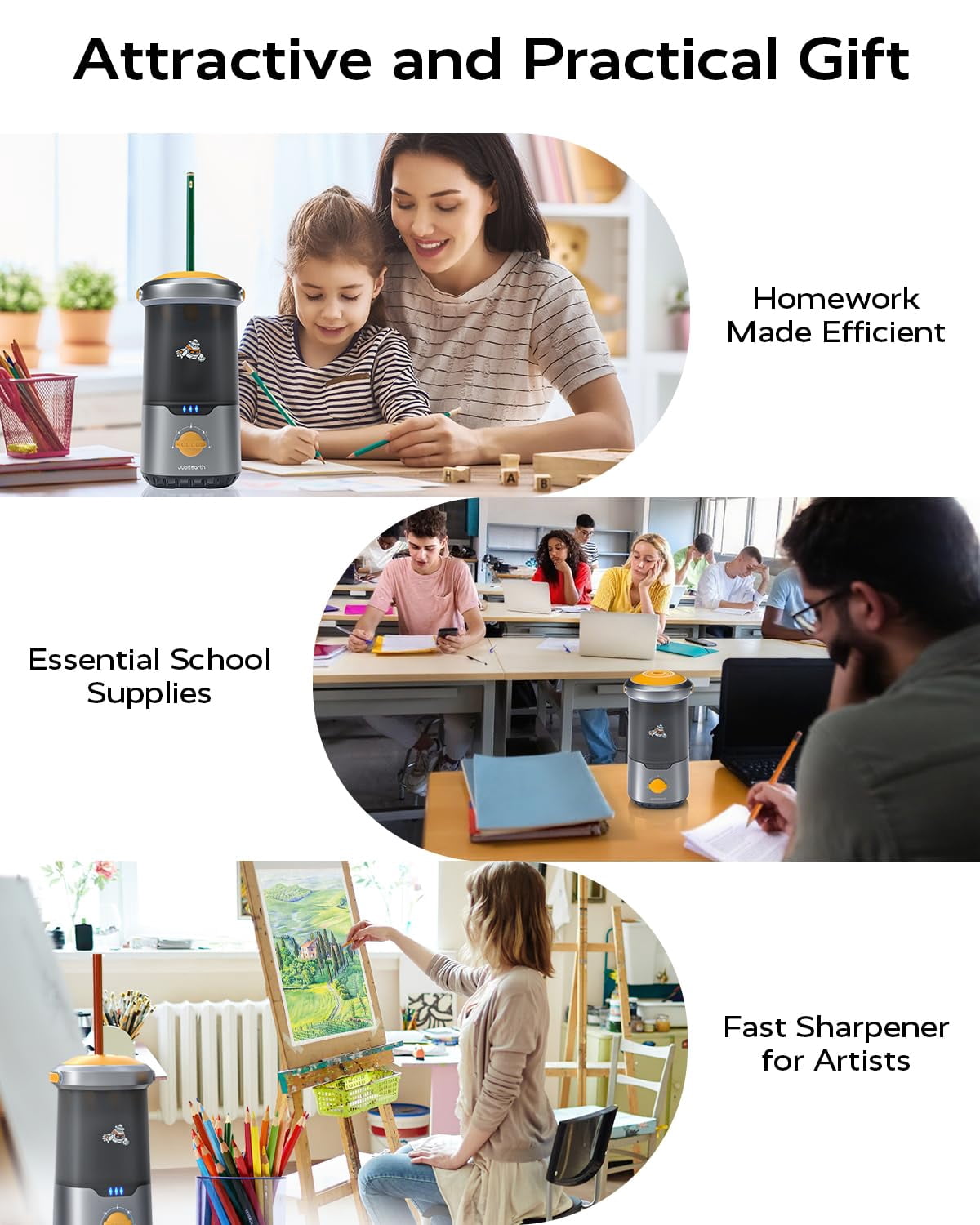 Jupitearth Black Office Supplies/Pencils & Pencil Electric Pencil Sharpeners,Hands-Free,Auto in & Out Spaceship for Home and Office