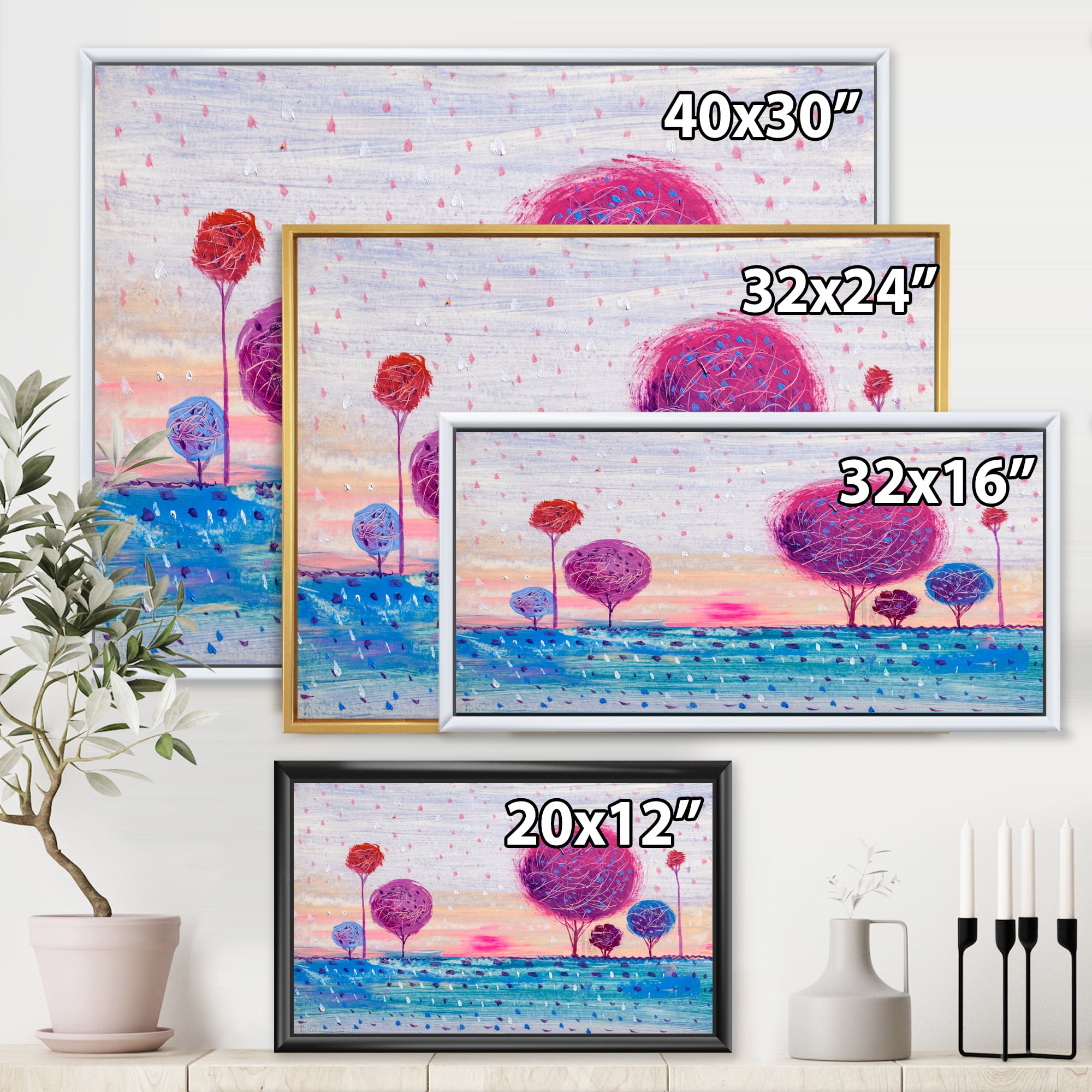Designart 'Purple Coloured Tree Impression Landscape II' Modern Framed Canvas Wall Art Print