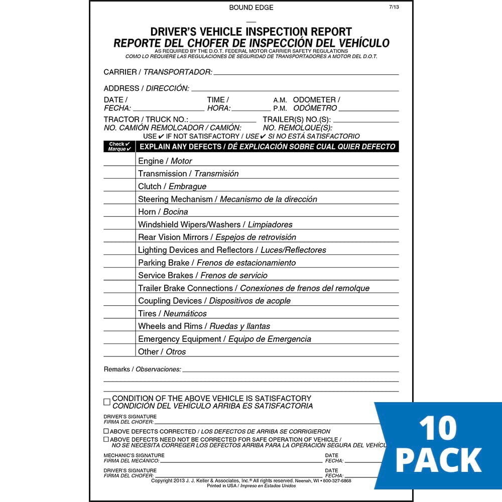 Simplified Driver Vehicle Inspection Report Book 10-pk. - Bilingual, 2-Ply Carbonless, 5.5"x8.5", 31 Sets of Forms Per DVIR Book