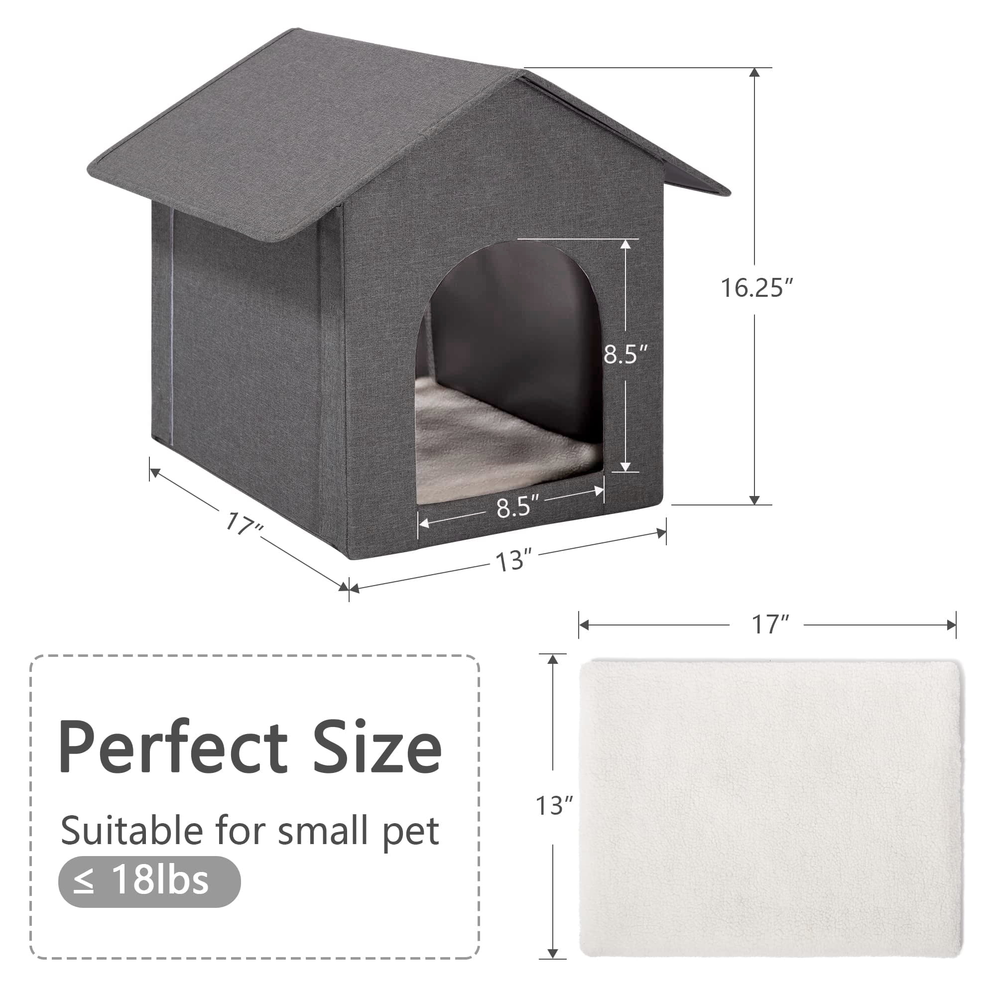 Cat Bed, POPO Foldable Cat House for In/Outdoor, 17 x 13 x17 inches Cat Tent, Gray