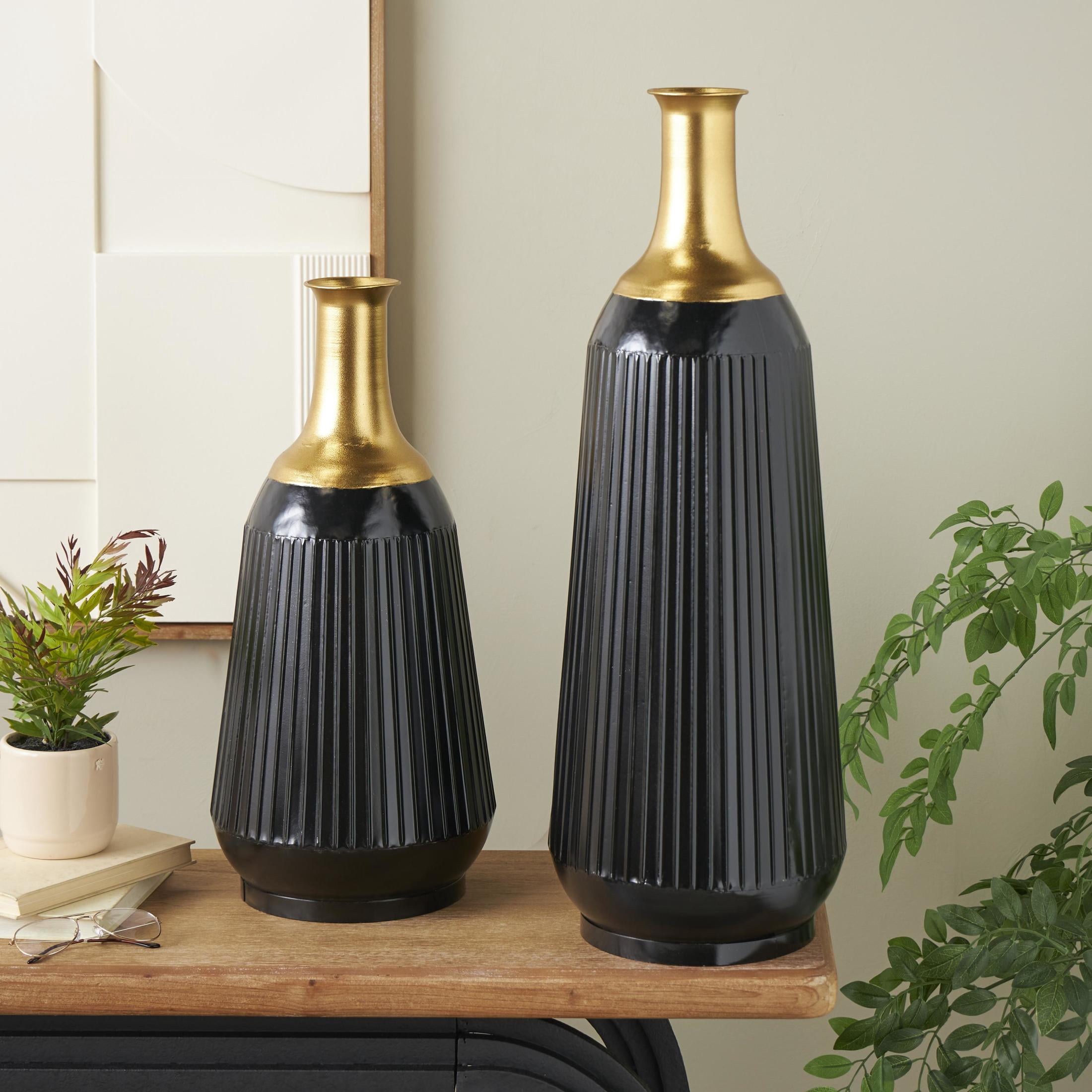 DecMode 30", 23"H Tall Ribbed Black Metal Vase with Gold Tops, Set of 2