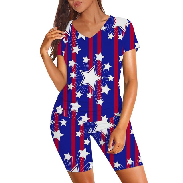 Trajes de dos piezas para mujer Conjunto estampado Conjunto de salón Conjunto de tops y pantalones cortos con cuello en V de manga corta Traje Pompotops ulkah936845