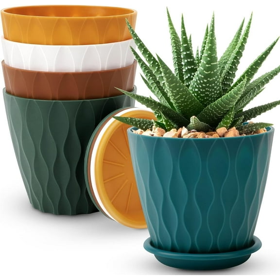 Genreen 6 inch Plant Pots, 5 Pack Flower Pots Outdoor Indoor, Planters with Drainage Holes and Tray Saucers