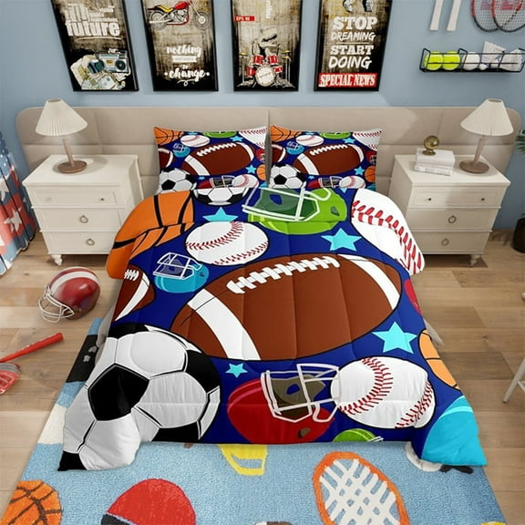 Erosebridal Sports Comforter Set Football Basketball Tennis Baseball Bedding Teens Sports Comforter (Full)