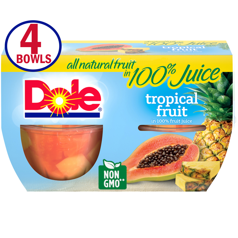 Dole Fruit Bowls Tropical Fruit in 100 Fruit Juice, 4 Oz Bowls, 4 Cups