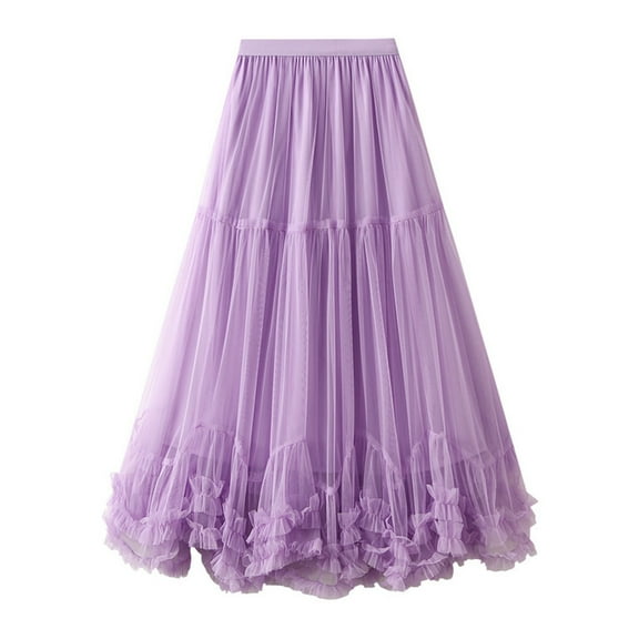 GigrtiJin Tulle Skirts for Women Casual Long Length Tiered Skirts a Line Mesh Elastic Waist Solid Color Flowy Skirt