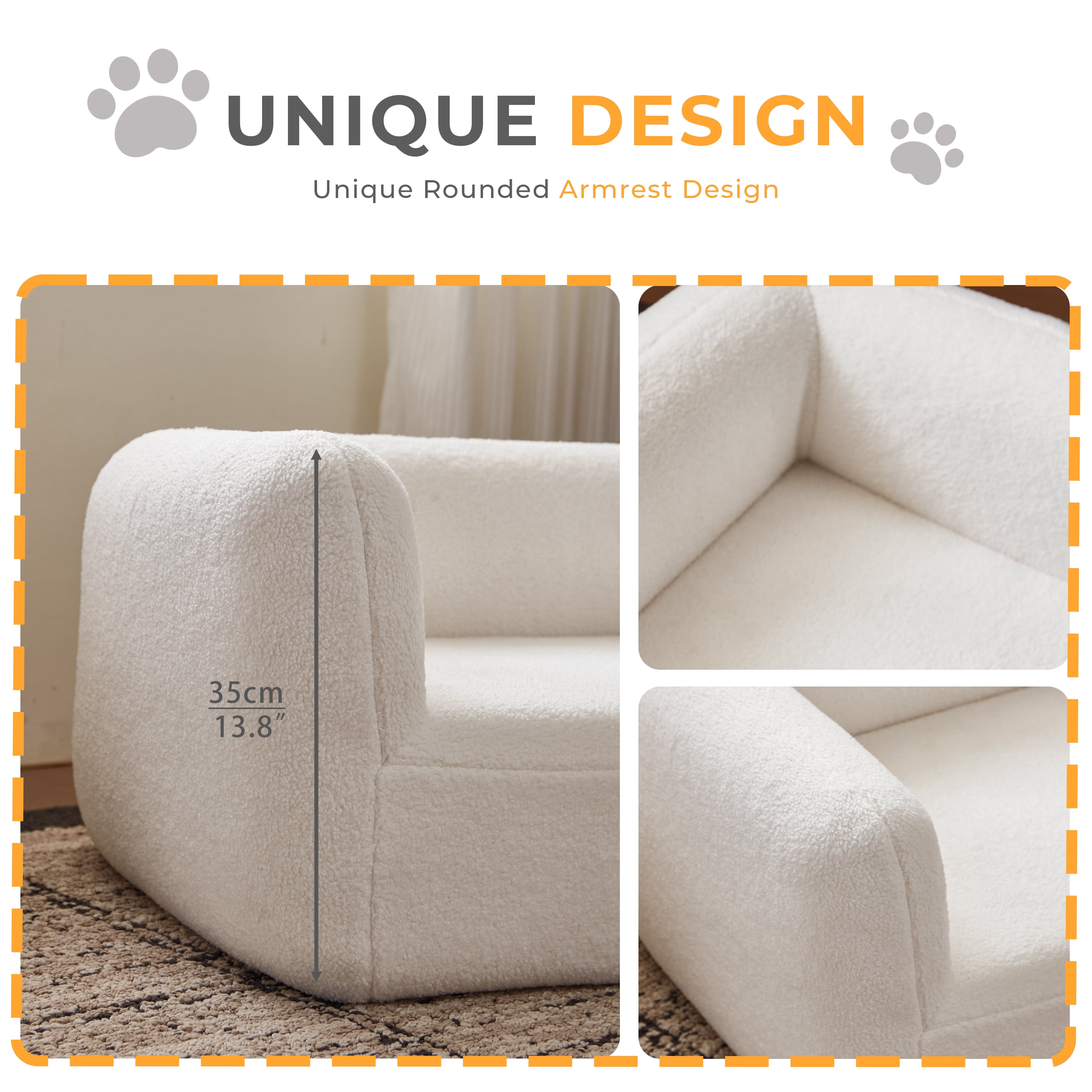 25.6''W White Modern Elegant Faux Shearling Dog Bed Cat Bed for Medium Pets under 35lbs, Luxury Indoor Pet Bed Furniture Style Orthopedic Elevated Dog Sofa Pet Couch with Leather Nameplate