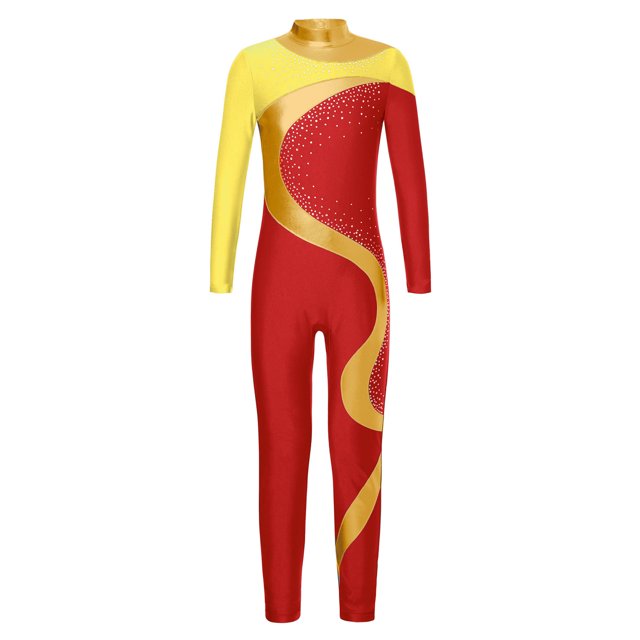 vastwit Gymnastics Leotards for Girls Metallic Color Block Sports Dance Full Body Unitard Jumpsuit One Piece Yellow&Red 10
