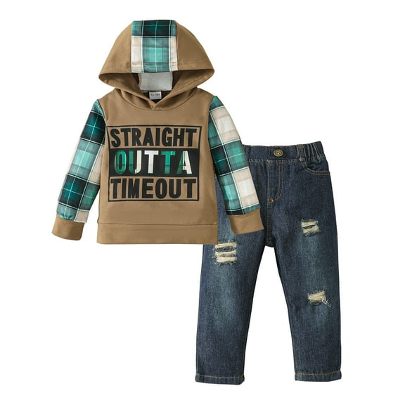 18 Months Baby Boys Clothes 24 Months Boys 2PCS Hoodie Outfits Set Letter Print Toddler Boys Long Sleeve Hoodie Plaid Top Denim Pants Set Brown