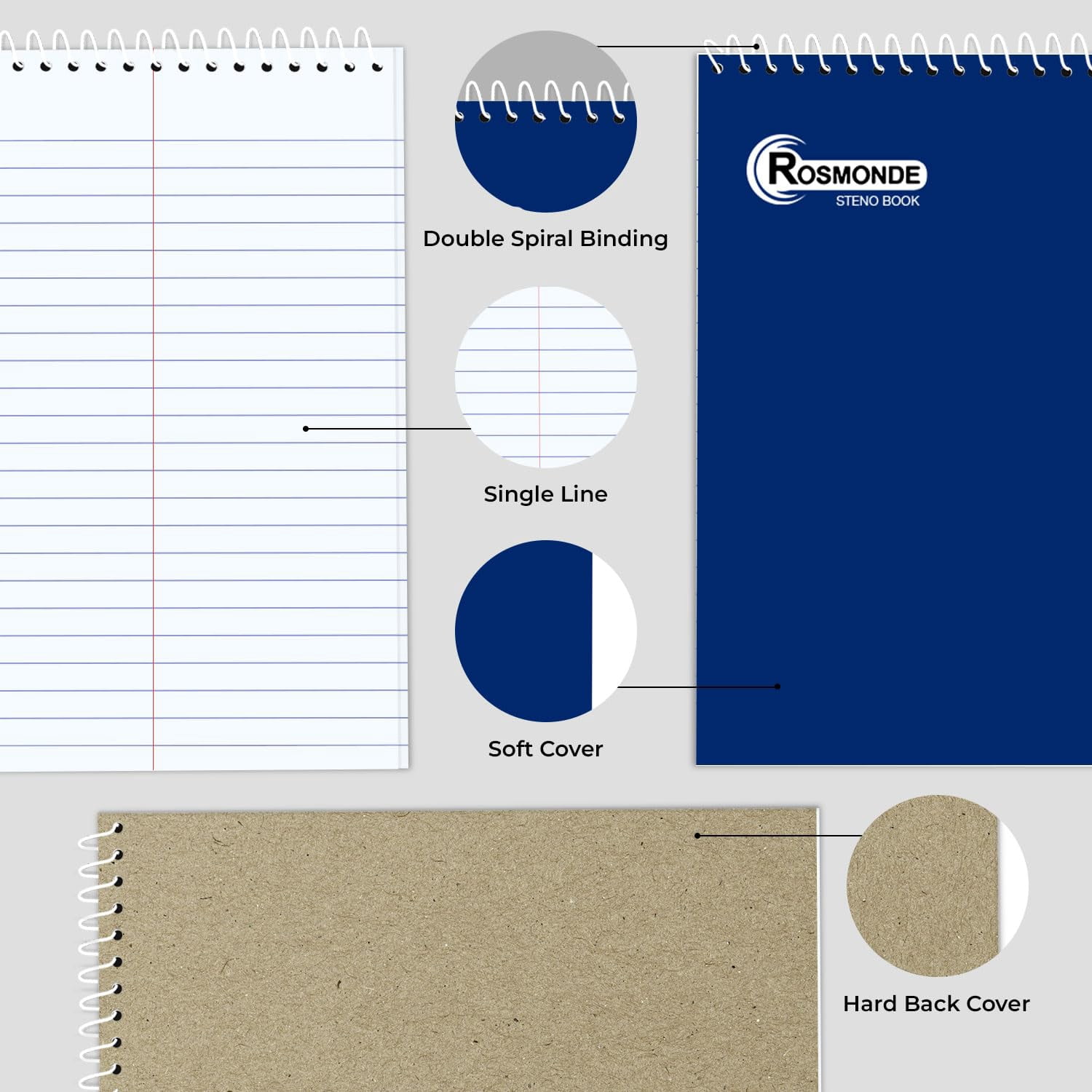 Rosmonde Spiral Steno Pads 48 Pack, 6 x 9 in, Gregg Ruled, 80 Sheets (160 Pages), Top Spiral Notebook, Assorted Covers, Bulk Steno Notebooks for Office, School & College Use