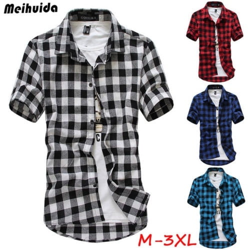 Canis - Fashion Mens Summer Casual Dress Shirt Checks Short Sleeve T ...