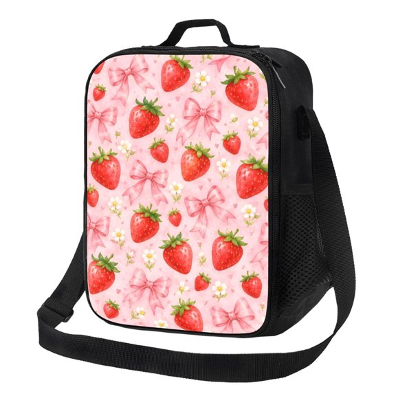 Strawberry Bow Floral Lunch Bag Insulated Thermal Lunch Box with Shoulder Strap & Handle for Women and Men