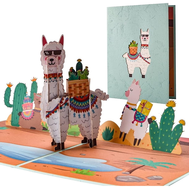 Alpaca con cactus, tarjeta de Navidad emergente 3D, con sobre para esposa, esposa, esposo, ella, él, niños, niños, novia, felicitaciones de cumpleaños o vou Rojo Verde Cocina, Decoración y Otros