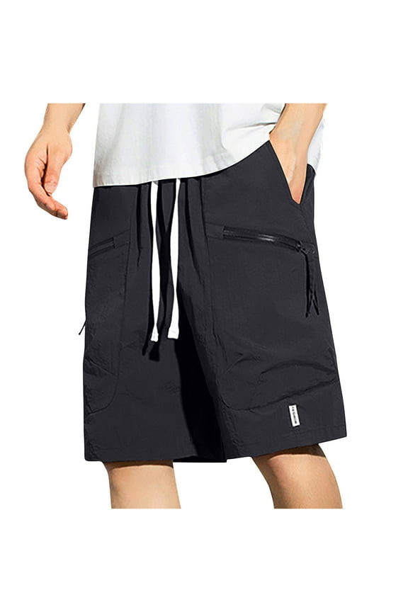 Mens Casual Shorts Summer Outdoor Cargo Casual Work Hiking Elastic Waist Drawstring Beach Shorts with Zipper Pockets Clearance Black,M