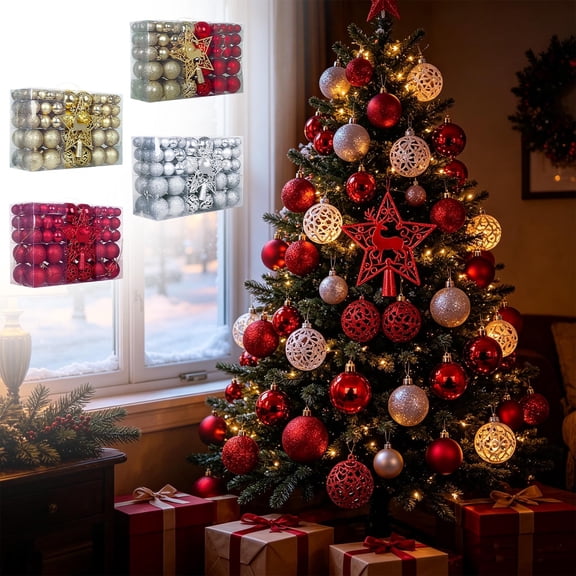 101 Pack Christmas Ball Ornaments Set, Shatterproof Hanging Christmas Balls with Hollow Star Tree Topper, Assorted Xmas Tree Decor for Holiday Party Home Decoration