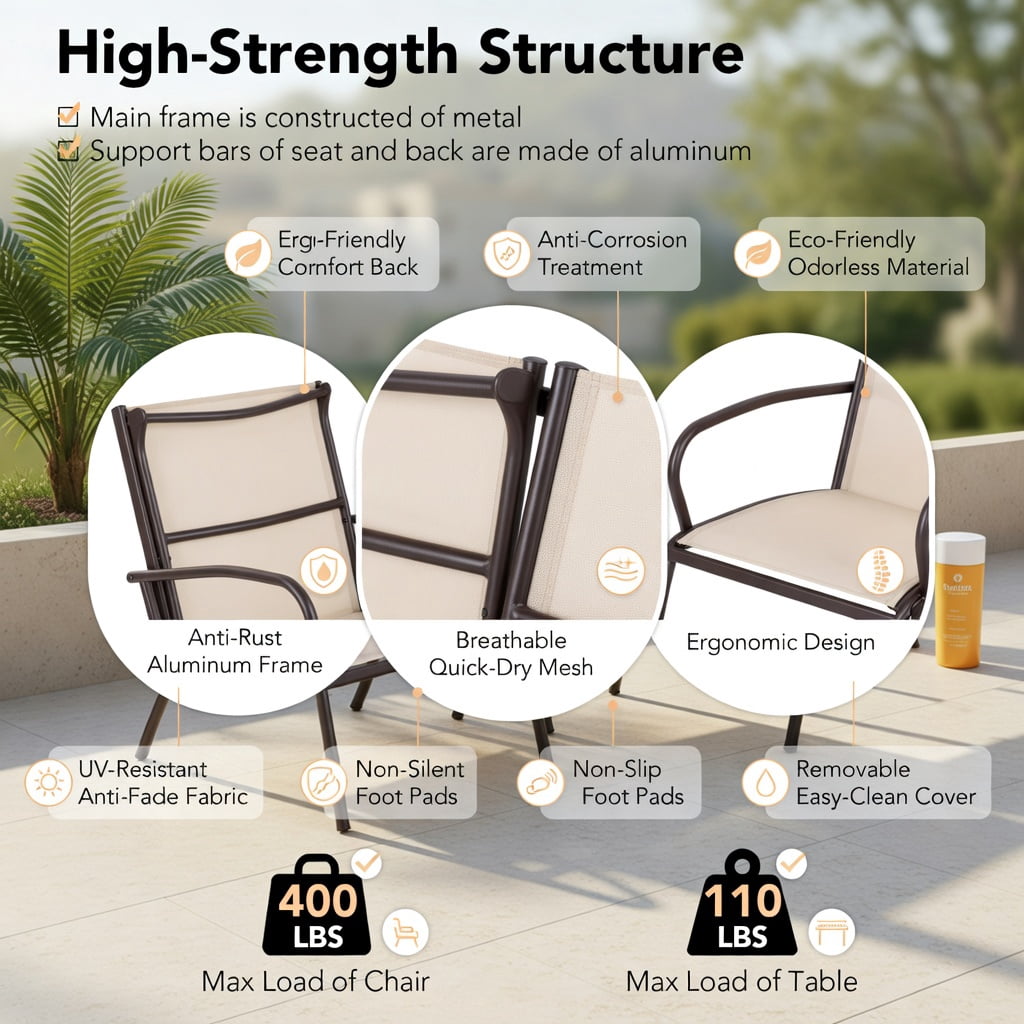 Hommoo 3-Piece Outdoor Patio Set, 2 Wide-Arm Aluminum Metal Chairs + Coffee Table, Brown