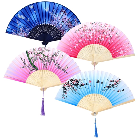 Elcoho 4 Pack Folding Fans Chinese Silk Fabric Hand Holding Fans Hollow Carved Foldable Fan for Wedding, Gifts, Performance, Dancing, Home Decoration