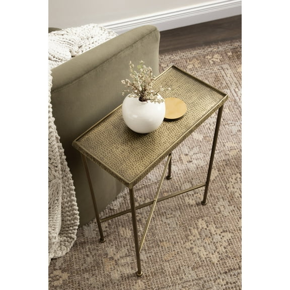 Kate and Laurel Sanzo Transitional Metal Skinny Side Table, 17 x 9 x 24, Antique Brass, Rectangular Slim Bedroom Nightstand with Hammered Tabletop for Use as Bedside Accent or Living Room End Table