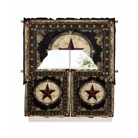 Western Stars Brown Kitchen Curtains Swag Valance and Tier Curtains Set 24 Inch Length, Farmhouse Country Vintage Wood Grain Rod Pocket Drape Panels Pair Swag Curtains for Bathroom/Cafe/Window