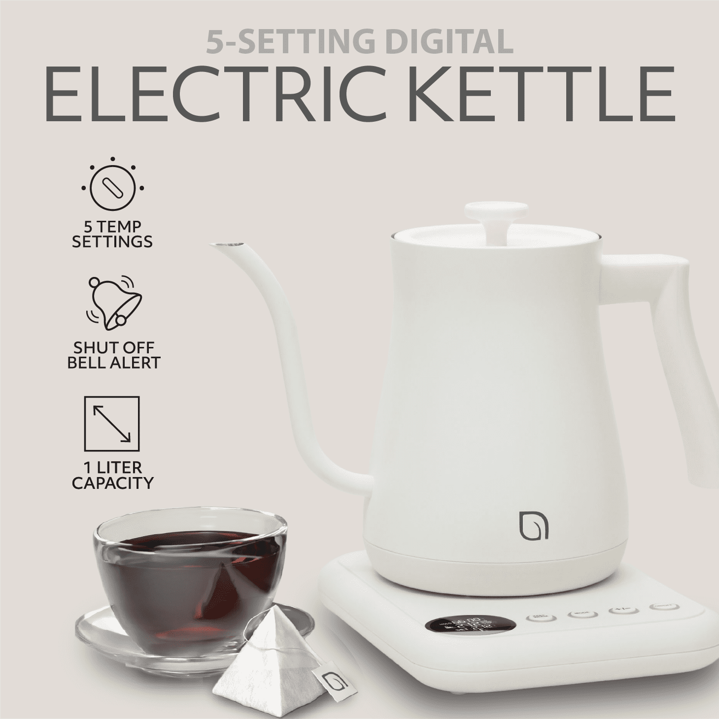 Willow Kitchen 1L Gooseneck Electric Kettle for Pour Over Coffee & Tea, Temperature Control & Automatic Shutoff, Rapid Boil Hot Water Kettle Pot, White