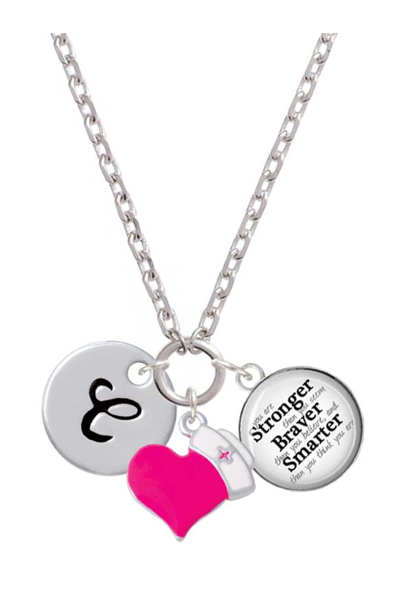 Silvertone Large Script Letter - C - 3/4'' Disc - Hot Pink Heart Nurse Strong Zoe Necklace