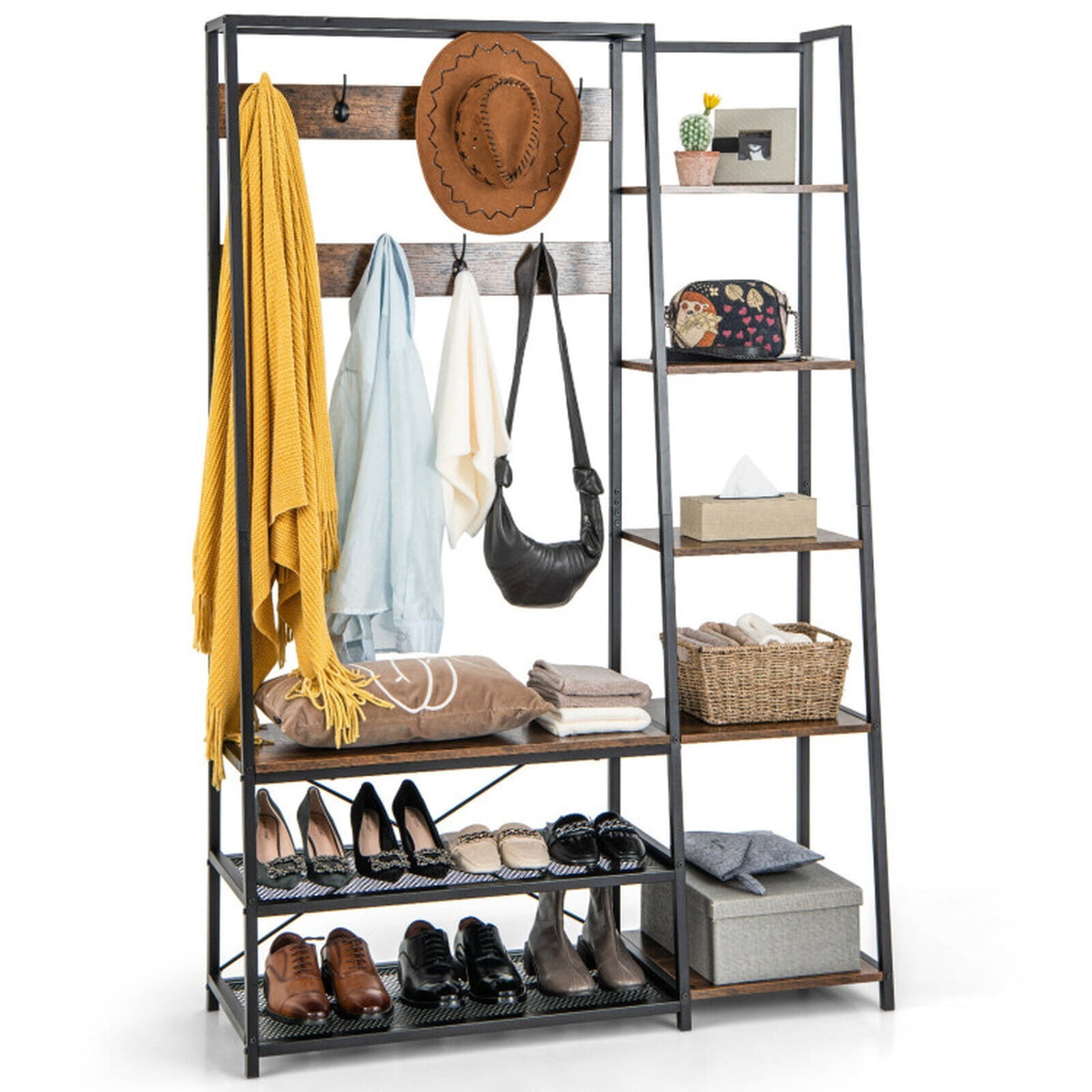Furnibear 5 in 1 Entryway Hall Tree with Storage Bench and 9 Hooks and Shoe Shelves for Mudroom and Bedroom, Rustic Brown
