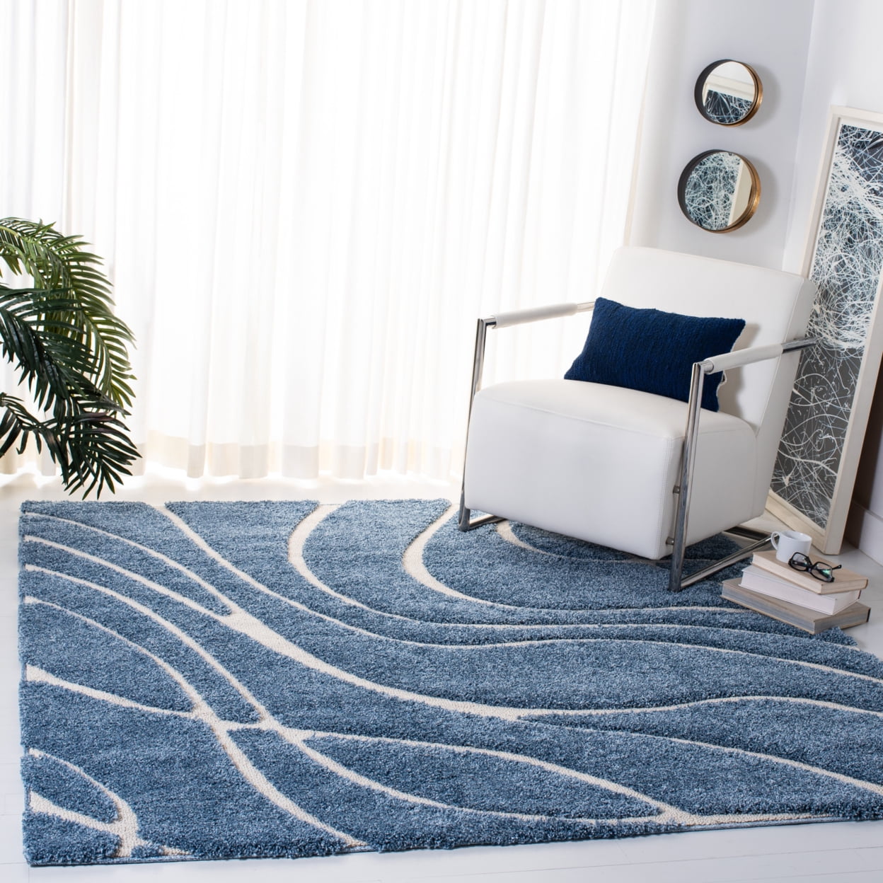 SAFAVIEH Florida Tamzen Abstract Shag Runner Rug, Light Blue/Cream, 2'3" x 7'