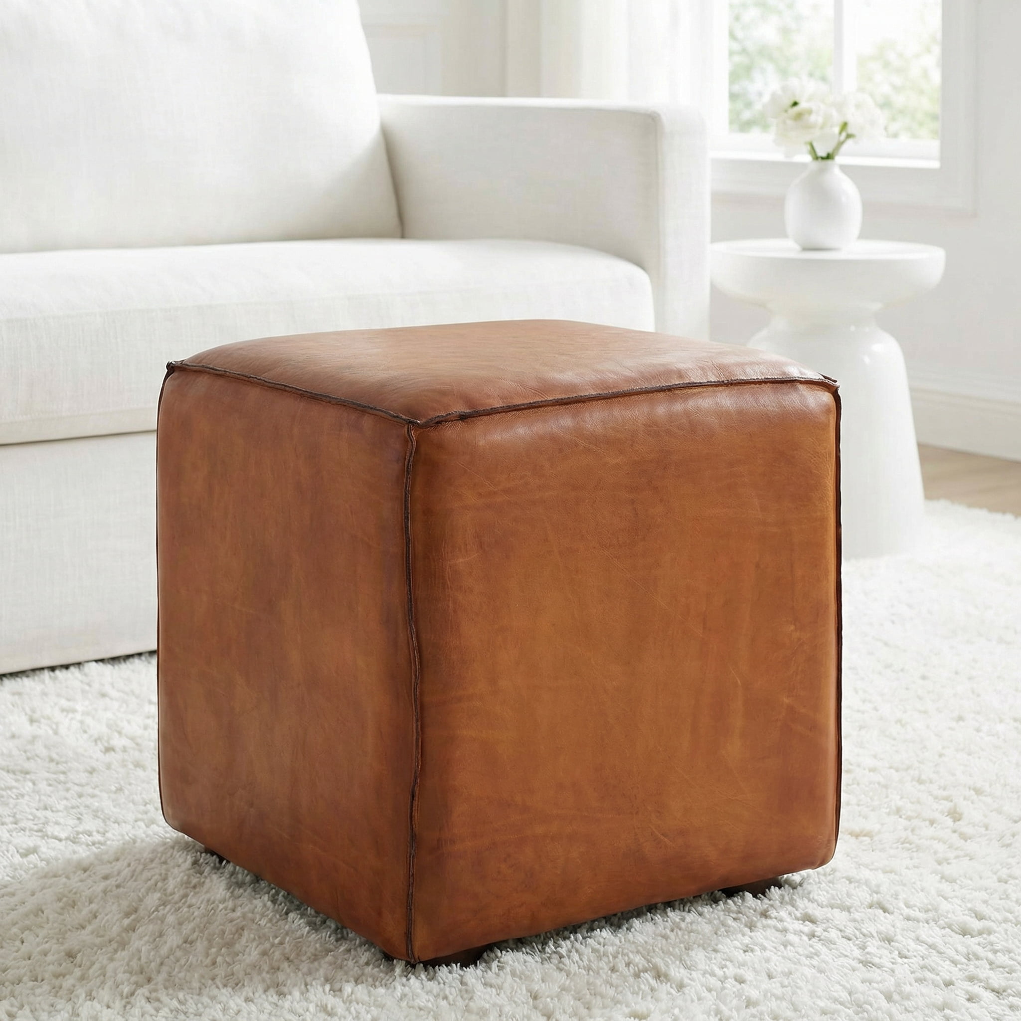 Bare Decor Sands Genuine Leather Cube Ottoman, Saddle Brown