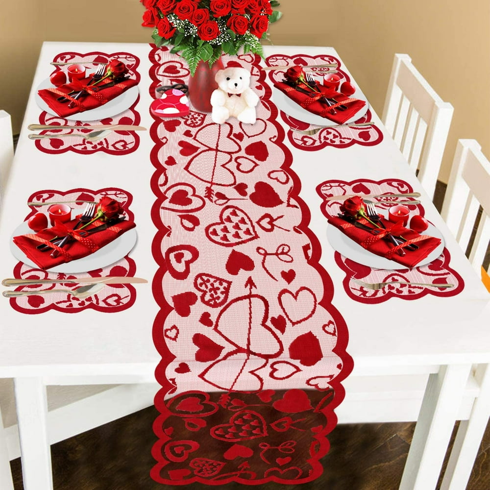 Valentine's Day Table Runner and Placemats Red, Set of 5 1PC Lace