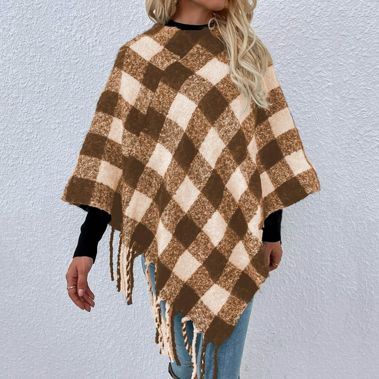 LBECLEY Tan Sweaters for Women Cardigan Womens Houndstooth Fringe Shawl Sweater Cape Knit Jacket Pullover Fashion Coat Blanket Cardigan for Women Khaki L Walmart