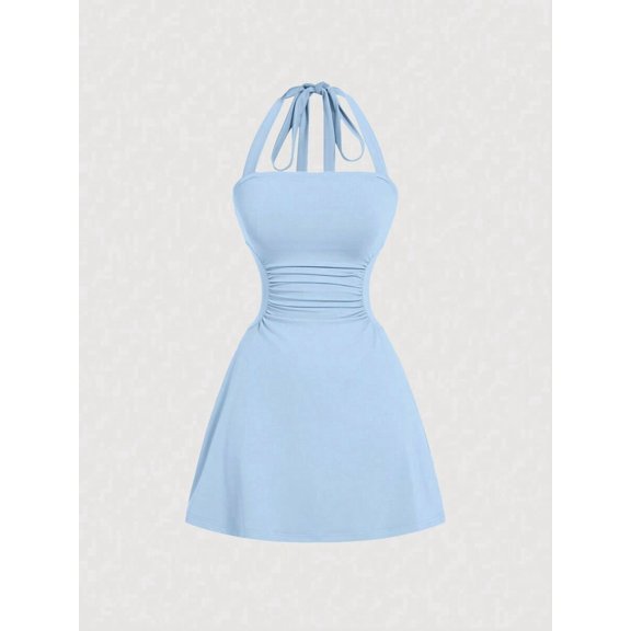 Womens Blue Halter Neck Ruched Waist A-Line Mini Dress