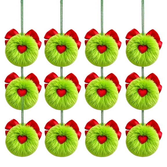WWG Christmas Tree Ornaments, Christmas Ball Ornaments with Bow and Heart Detail, Hanging Ornaments with Cord, Set of 12, Polyester Plush Balls, for Christmas Tree Decorations, Holiday Decorations