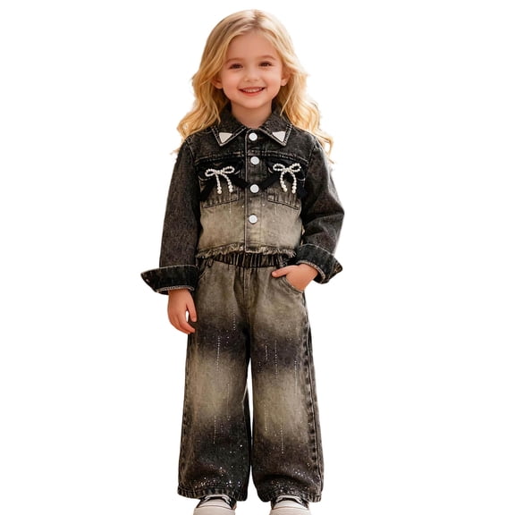 WOYY Toddler Girls Outfits Vintage Distressed Denim Jacket Jeans Set, 2 Piece, Sizes 3-4T
