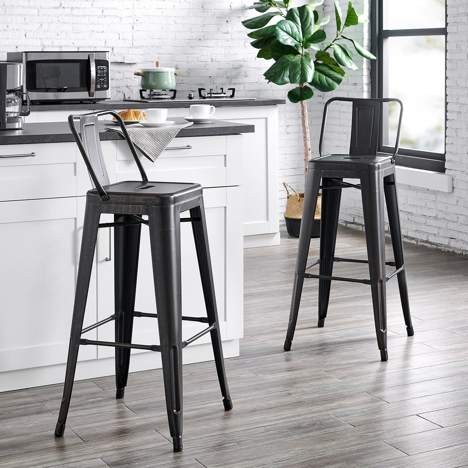 30" Sanded Matte Black Industrial Contemporary Rustic Metal Barstools with Bucket Back, Set of 4