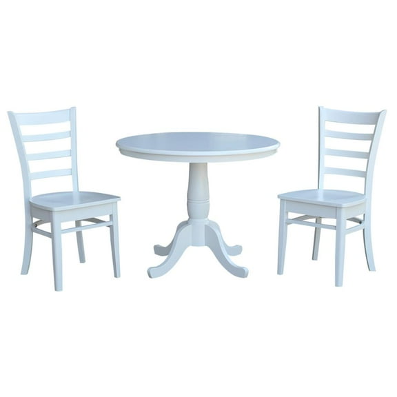 36" Round Top Pedestal Wood Table with 2 Dining Chairs in White